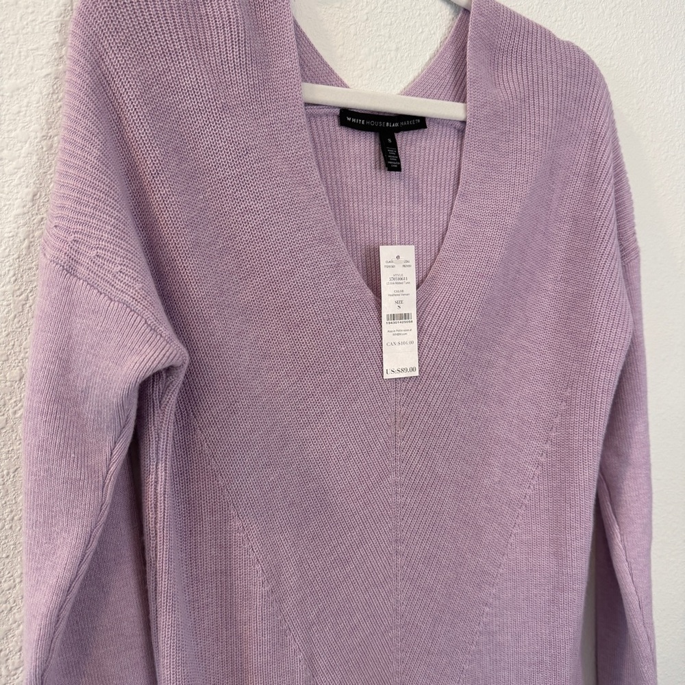 WHBM Cashmere Blend Lilac L/S V-Neck Ribbed Tunic Sweater Size XS NEW $89 Spring - Picture 2 of 7